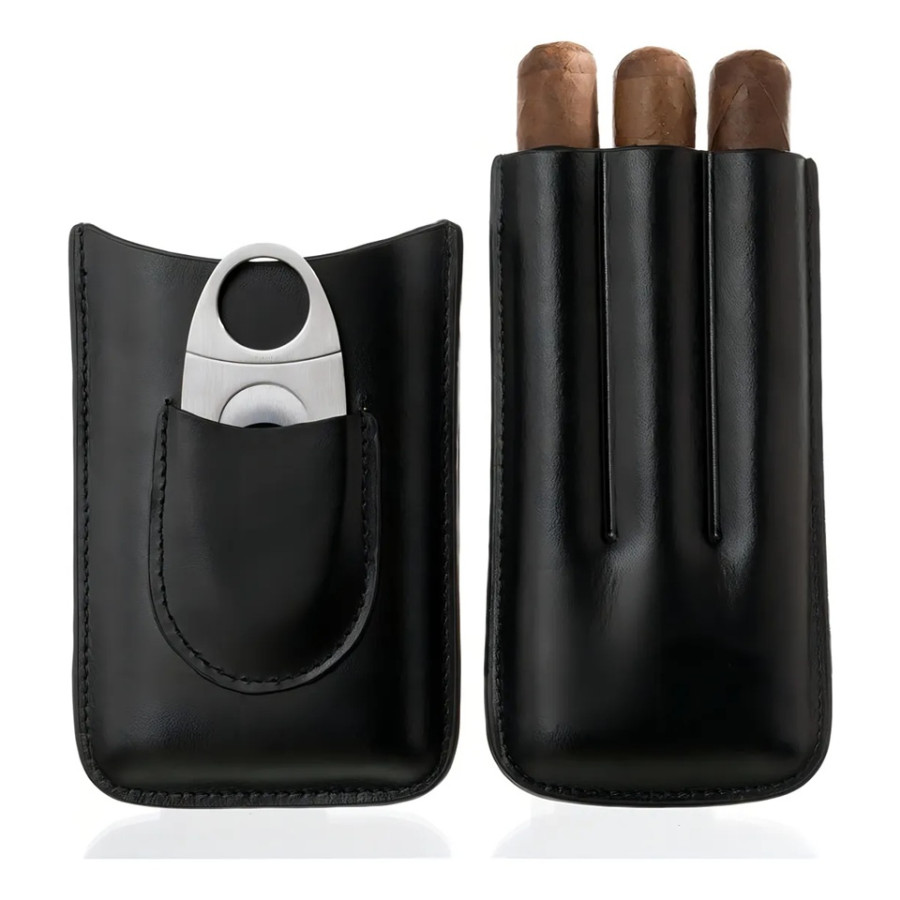 Porta Charutos Couro P/3 Charutos Com Cortador Metal Preto